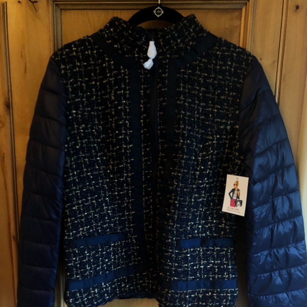 Navy and gold light puffer and tweed jacket